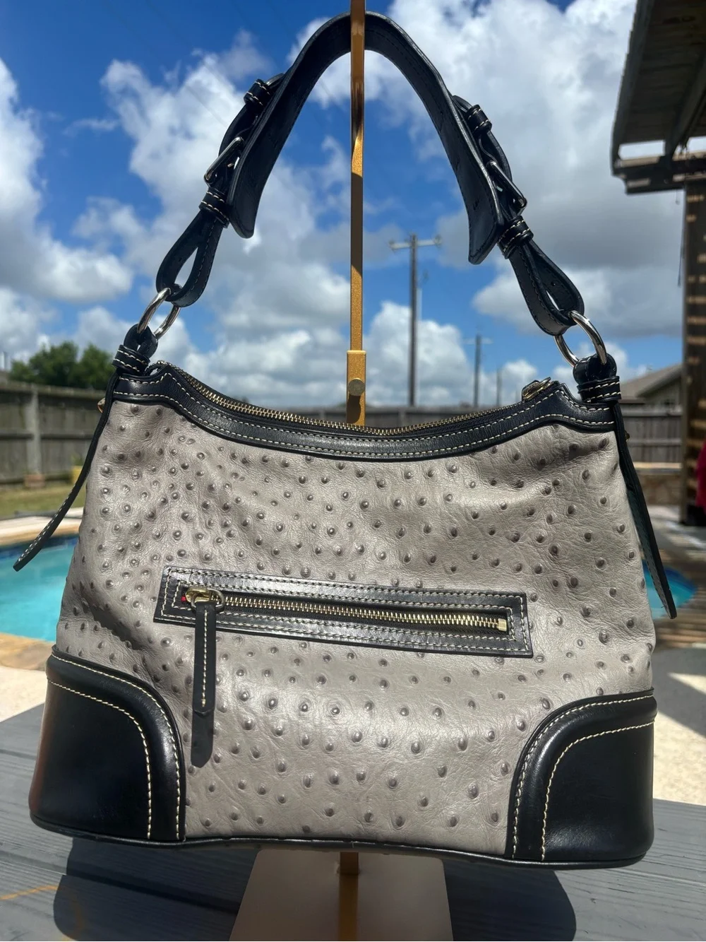 Dooney & Bourke Gray Ostrich-Embossed Leather Shoulder Bag with Black Trim EUC
